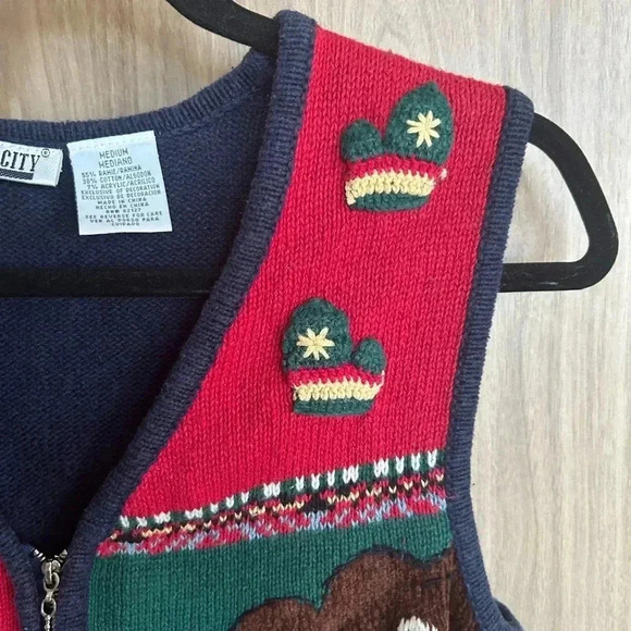 Vintage 90s Teddy Bear Zip Ugly Christmas Vest Ramie Cotton Hand Knit Medium - Picture 6 of 9